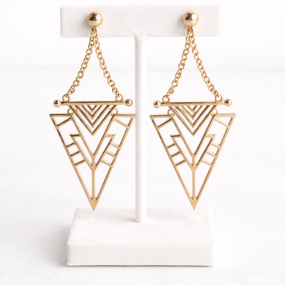 Jewelry - Gold Tone Geometric Triangle Drop Earrings Art Deco Statement Dangle Bold